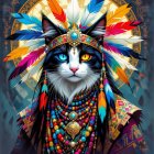 Majestic Cat with Feather Headdress and Jewelry