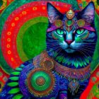 Vibrant Cat with Jewelry and Swirling Background Patterns