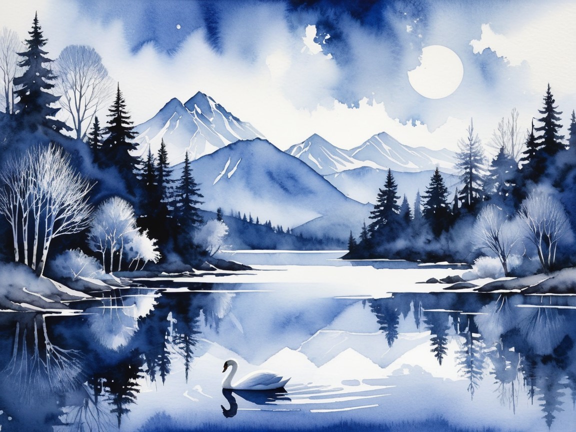 Watercolor Painting of a Tranquil Landscape with Swan