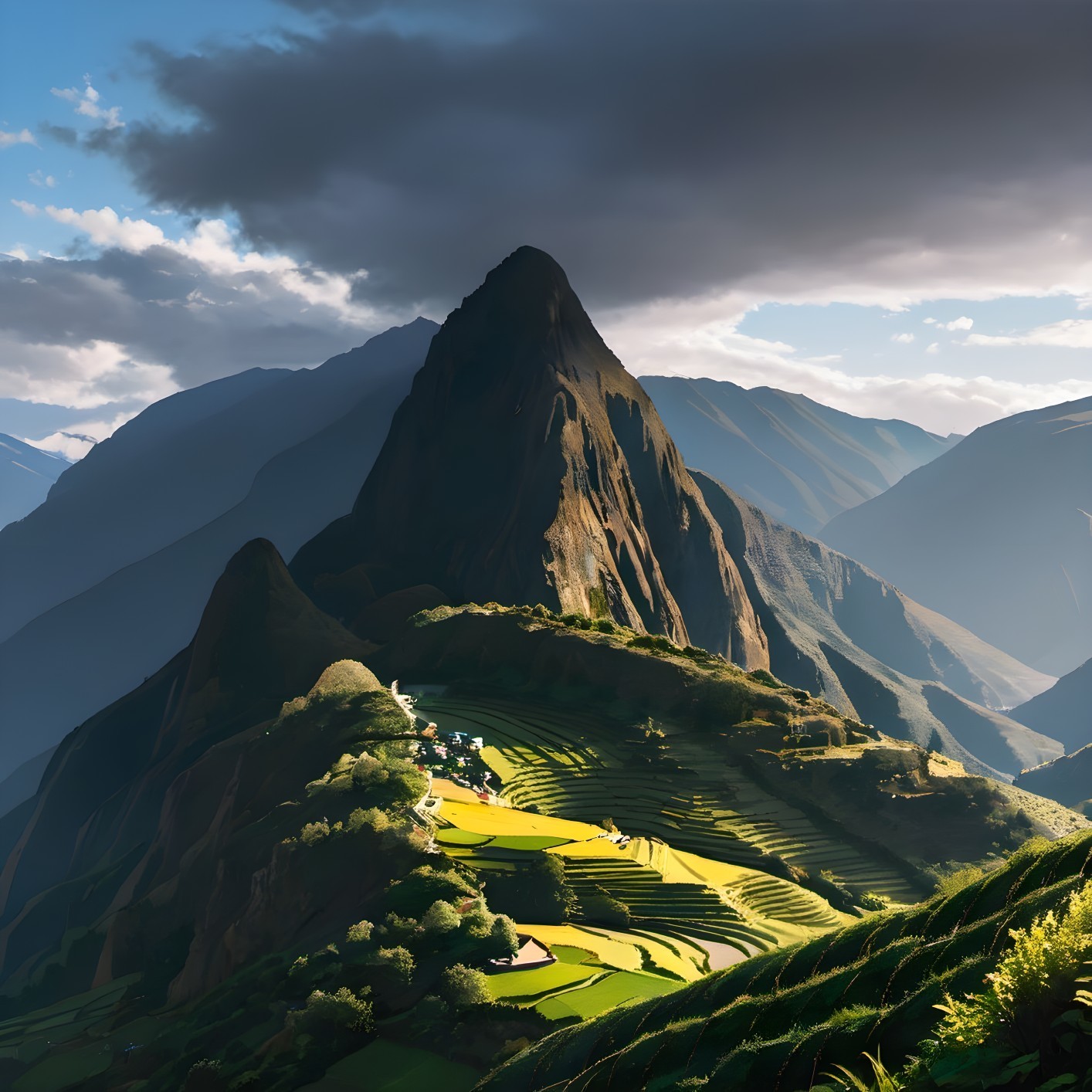 Majestic mountain peak overlooking terraced fields and lush greenery