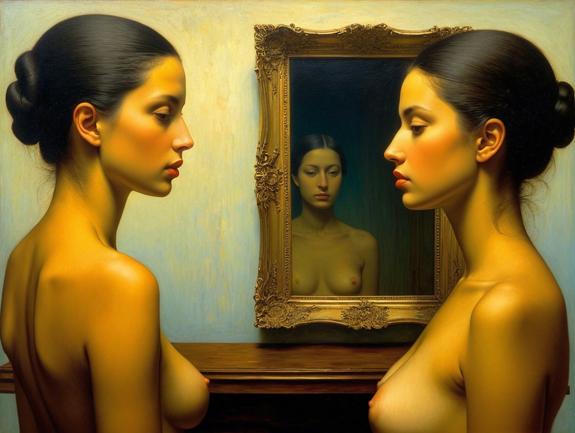 Two Women in Elegant Poses Reflected in a Mirror