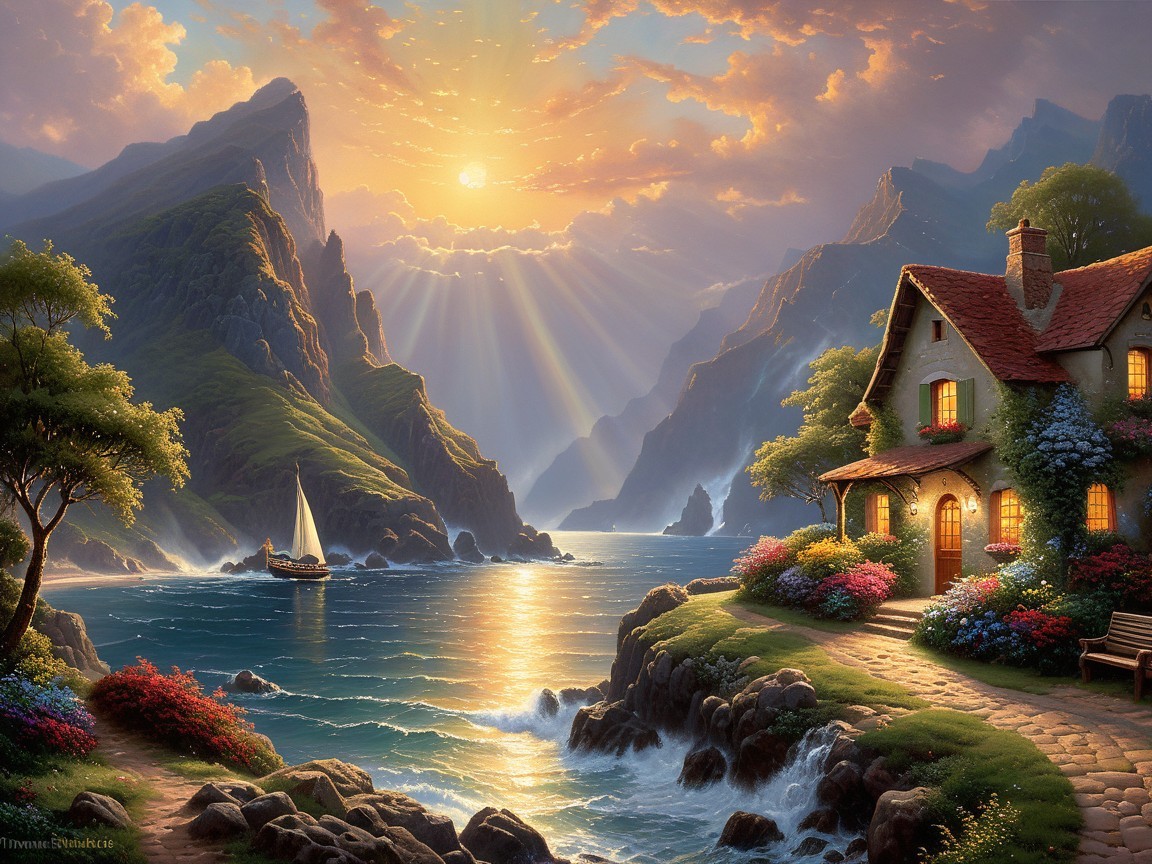 Serene Sunrise Landscape with Cottage and Mountains
