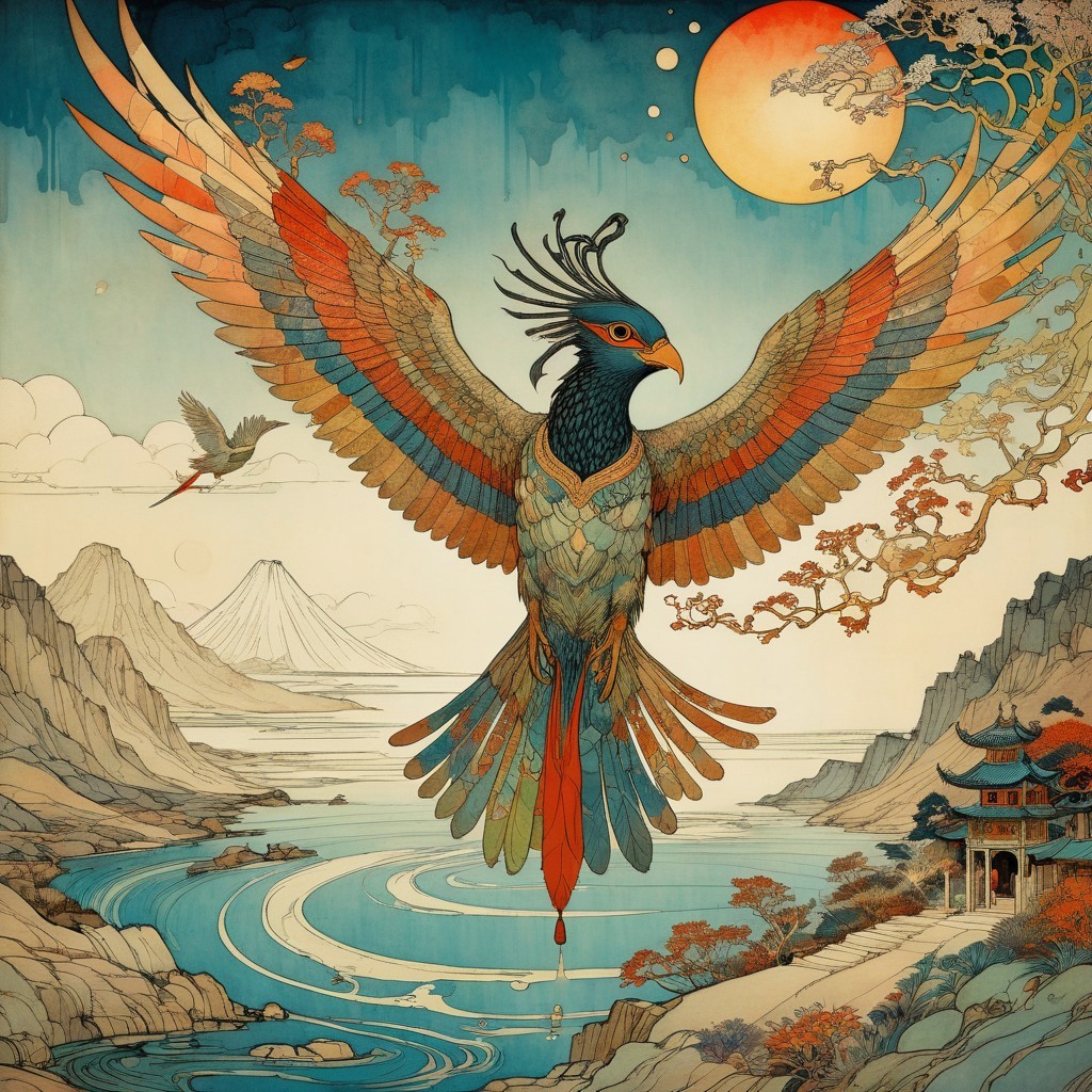 Majestic Bird in Vibrant Landscape with Mountains and River