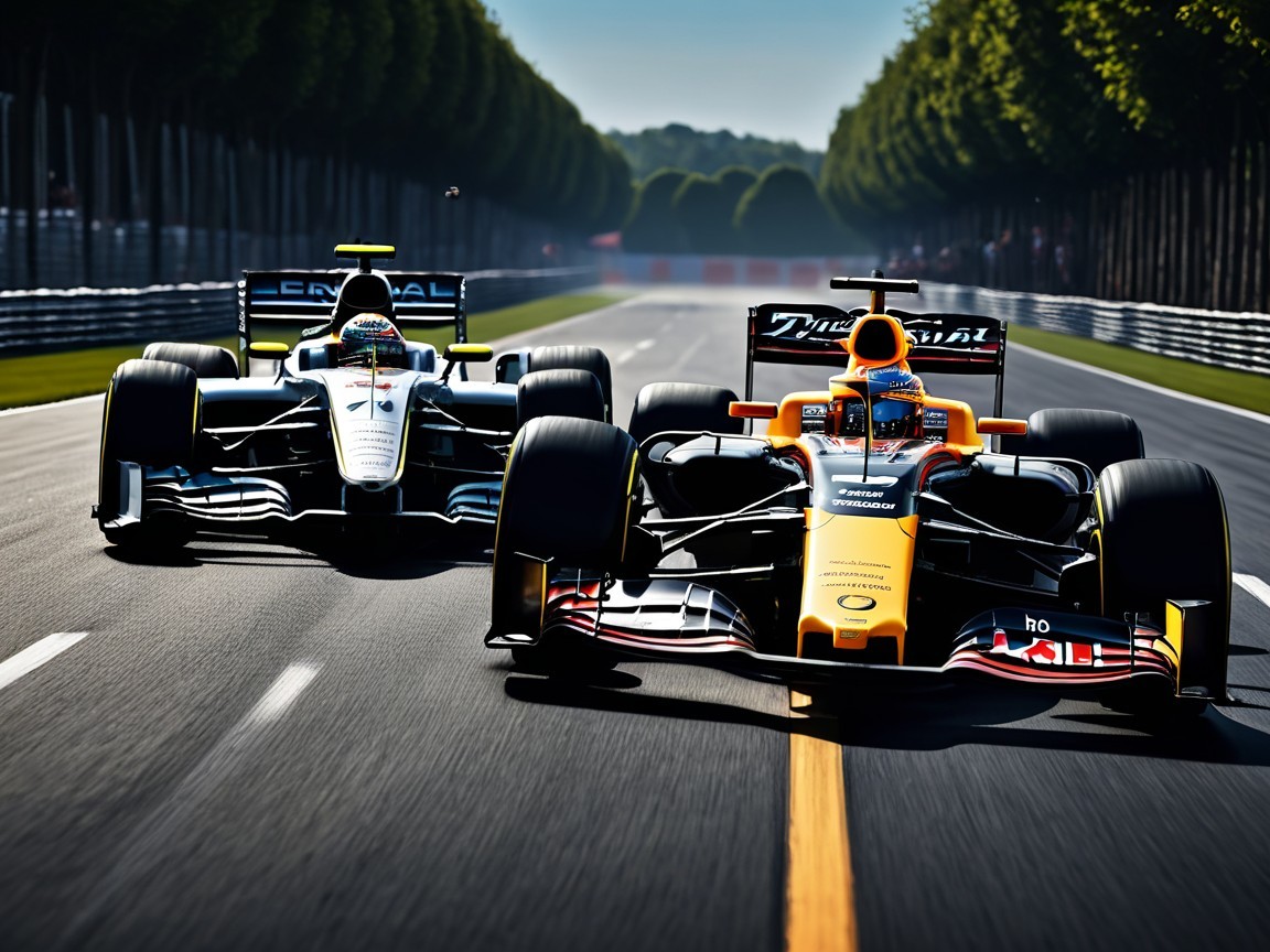Formula 1 Cars Racing on a Sunlit Track