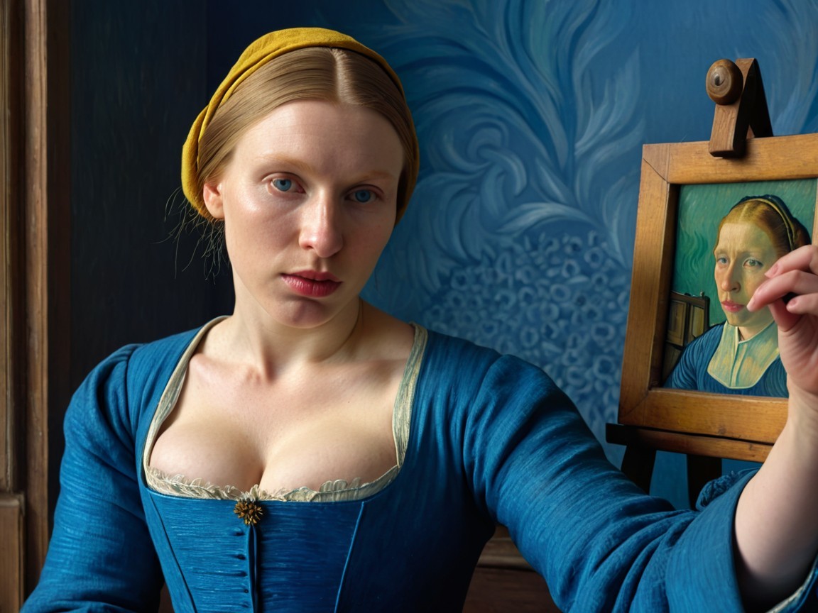 Young Woman Painting Portrait with Blue Background