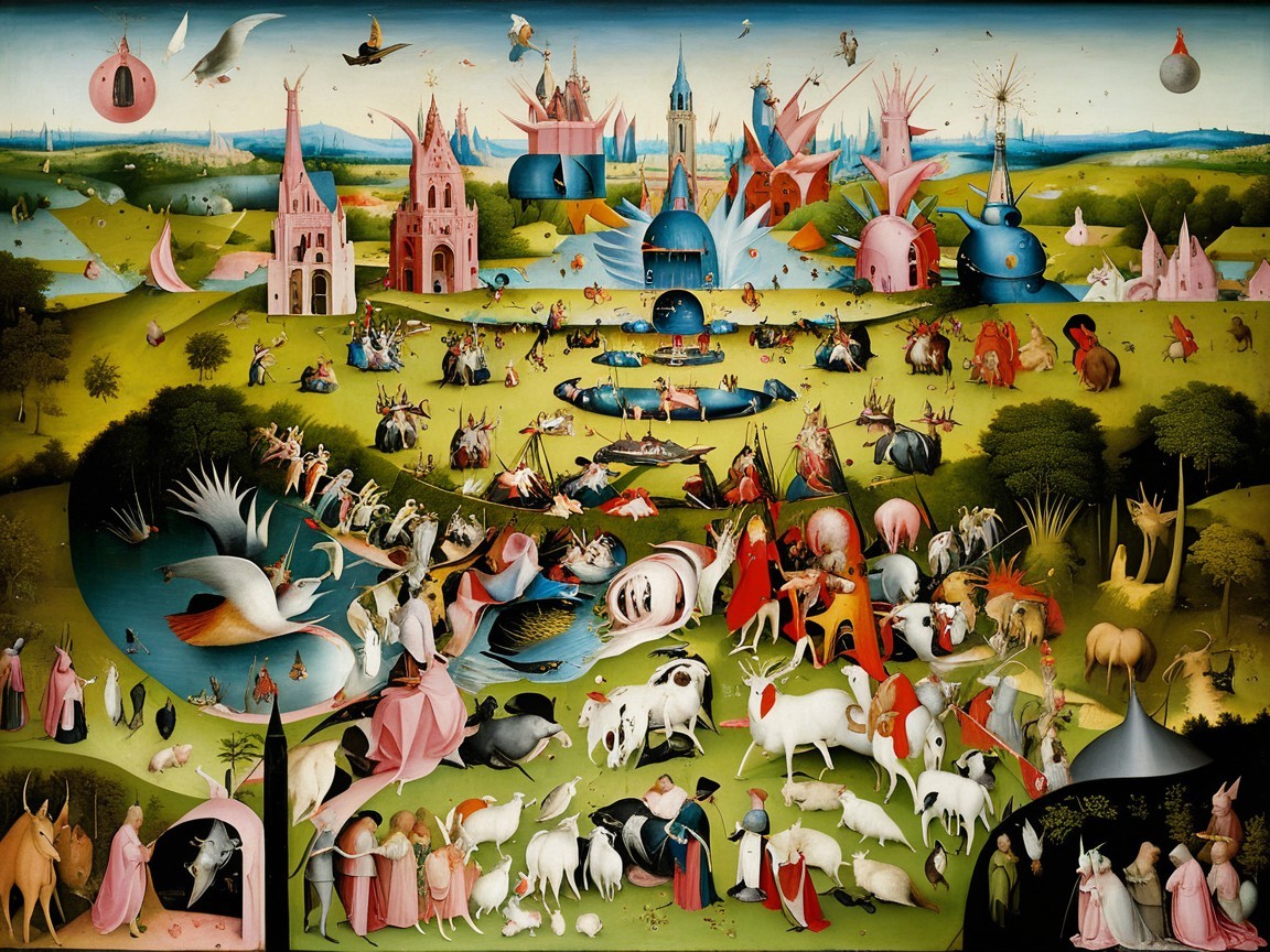 Vivid Fantastical Landscape with Surreal Figures and Scenes