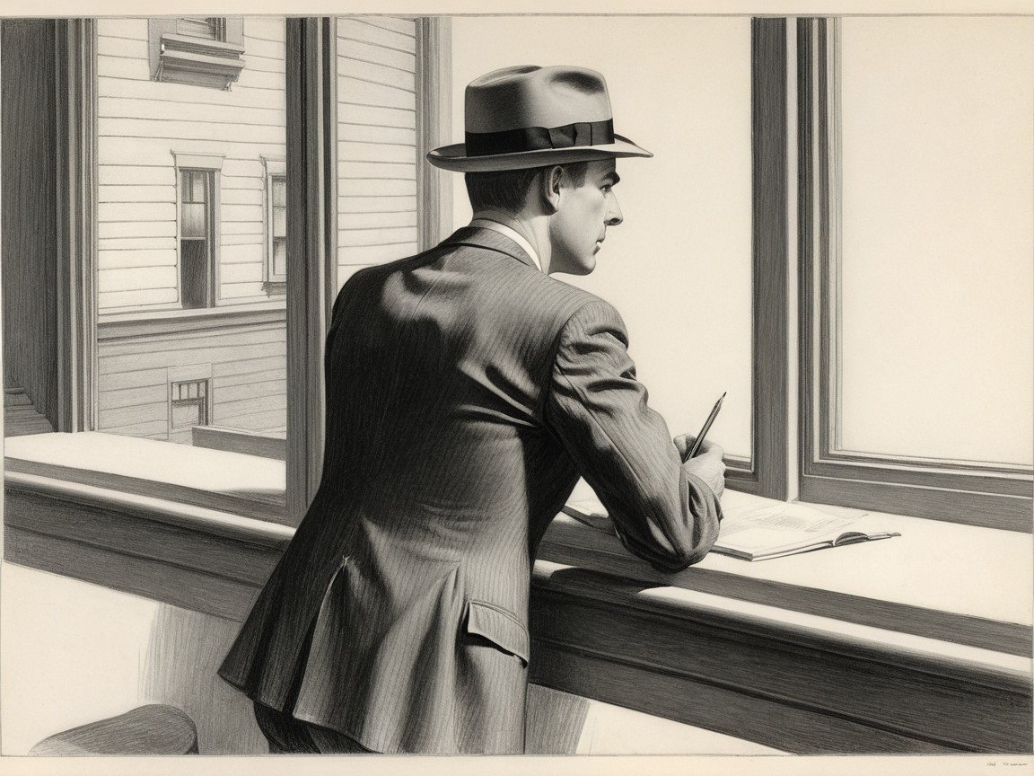 Man in Suit Contemplates by Window with Notebook