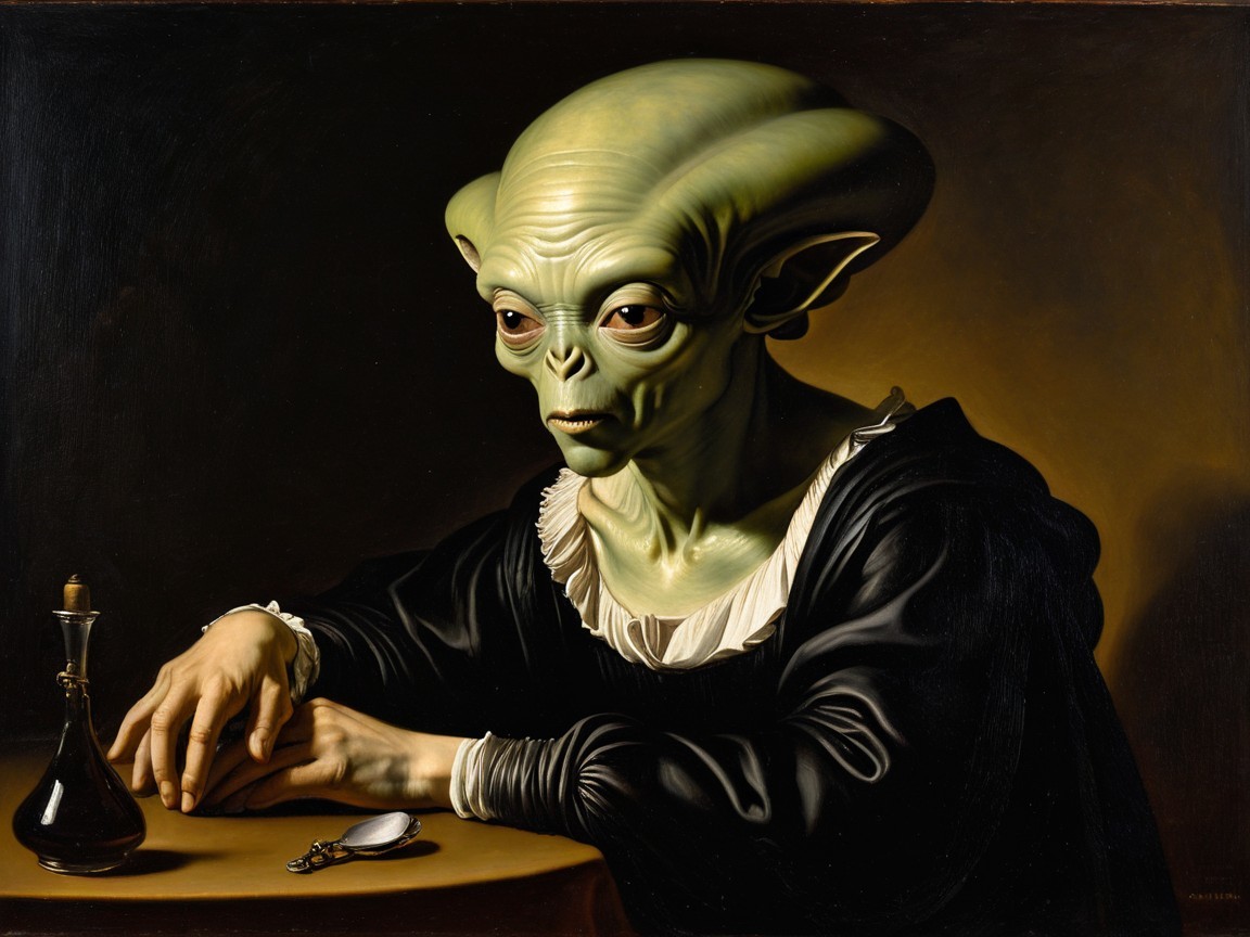 Hyper-realistic oil painting of an alien in Dutch style