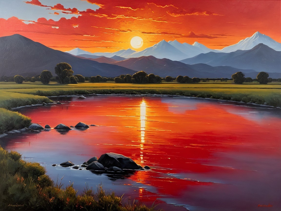 Sunset Reflection Over Water with Mountains and Grass