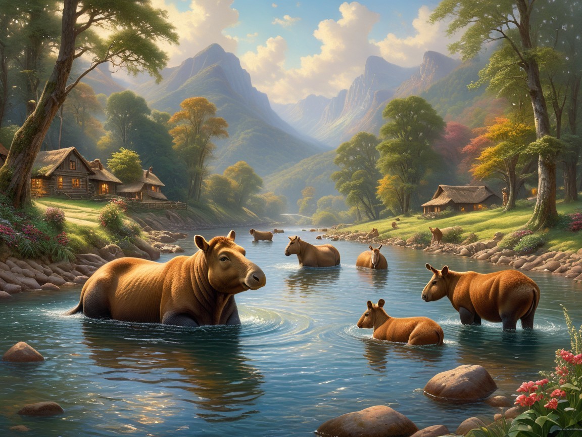 Tranquil Landscape with River, Trees, and Cottages