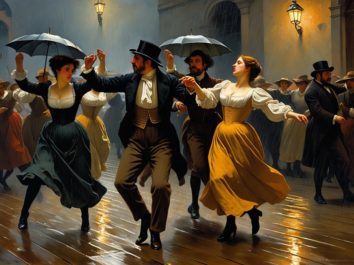 Elegant Couples Dancing in Rainy Street Scene