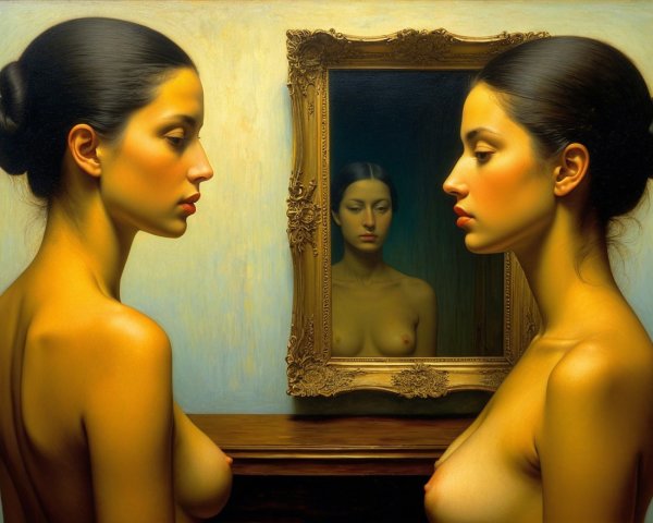 Two Women in Elegant Poses Reflected in a Mirror