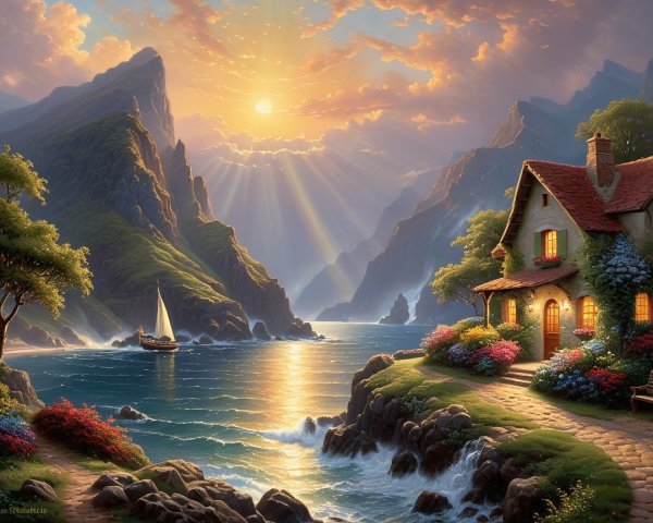 Serene Sunrise Landscape with Cottage and Mountains