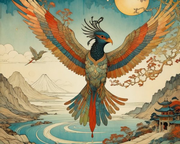 Majestic Bird in Vibrant Landscape with Mountains and River