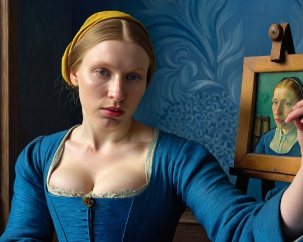 Young Woman Painting Portrait with Blue Background
