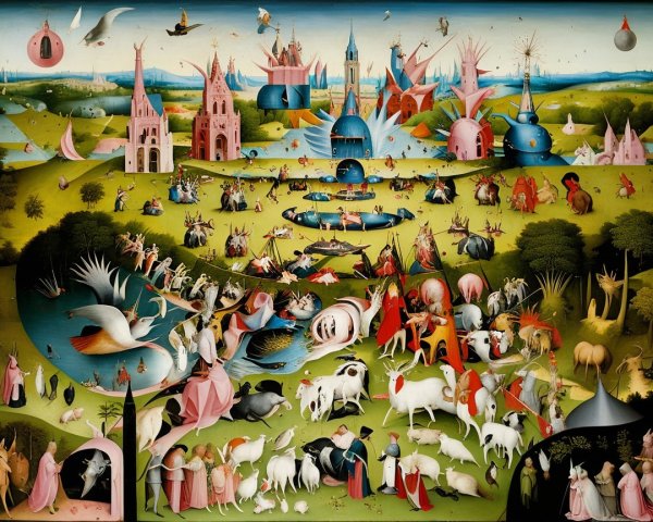 Vivid Fantastical Landscape with Surreal Figures and Scenes