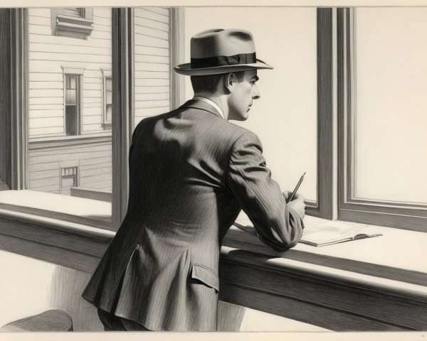Man in Suit Contemplates by Window with Notebook