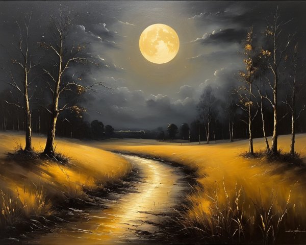 Dramatic Night Scene with Bright Yellow Moon and Landscape