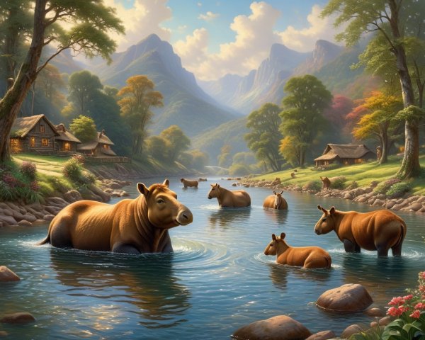 Tranquil Landscape with River, Trees, and Cottages