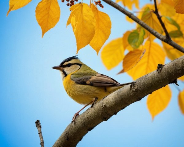 Close-Up of Bright Yellow Bird on Tree Branch
