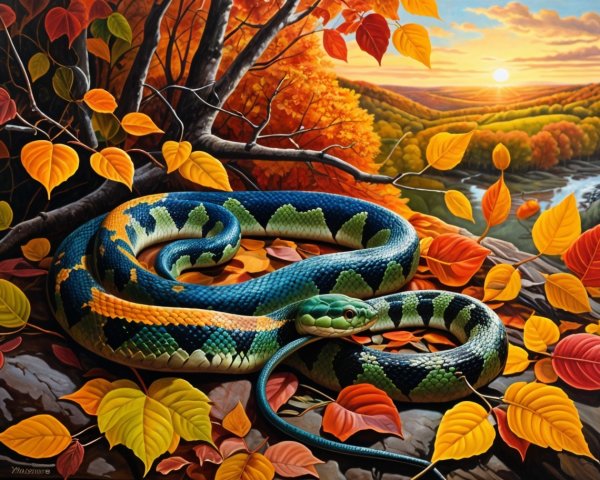 Vibrant Oil Painting of Autumn Landscape with Snake