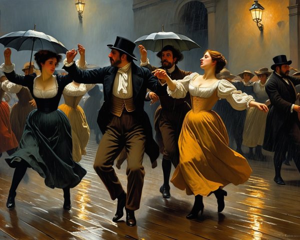 Elegant Couples Dancing in Rainy Street Scene
