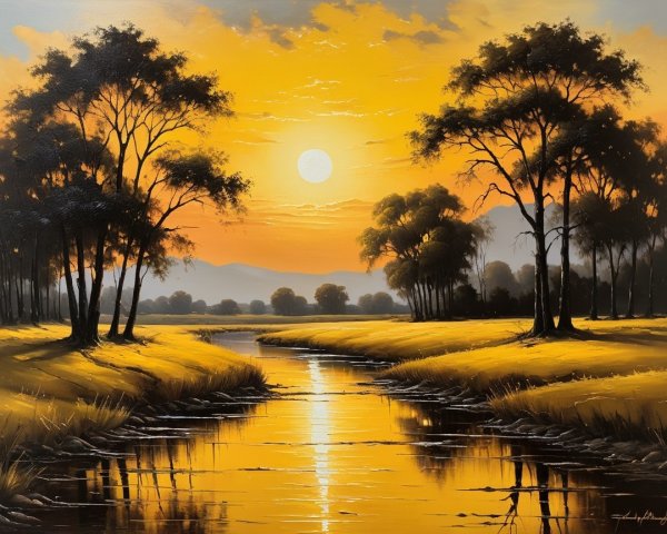 Tranquil Sunset Landscape with River and Trees