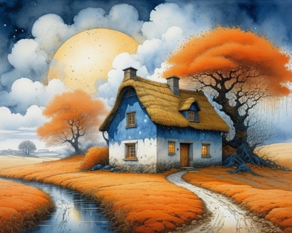 Quaint Blue Cottage by Winding Path and River