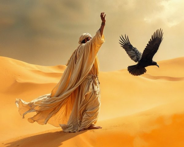 Desert Scene with Figure and Soaring Bird of Prey