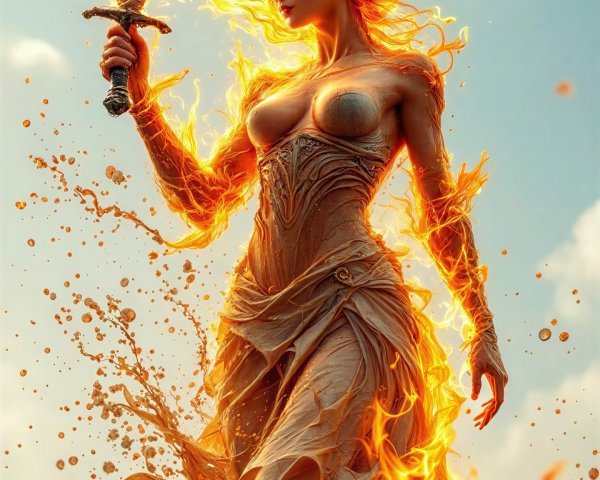 Fire Elemental Woman with Fiery Hair and Sword