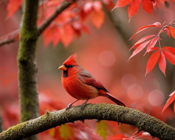 Male Northern Cardinal on Moss-Covered Branch in Autumn