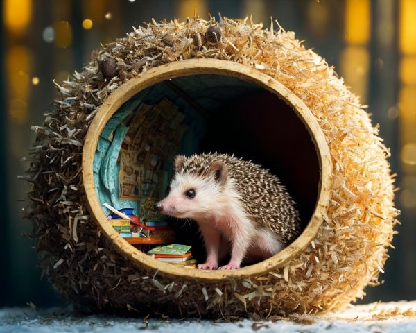 Hedgehog in a Cozy Burrow with Tiny Books