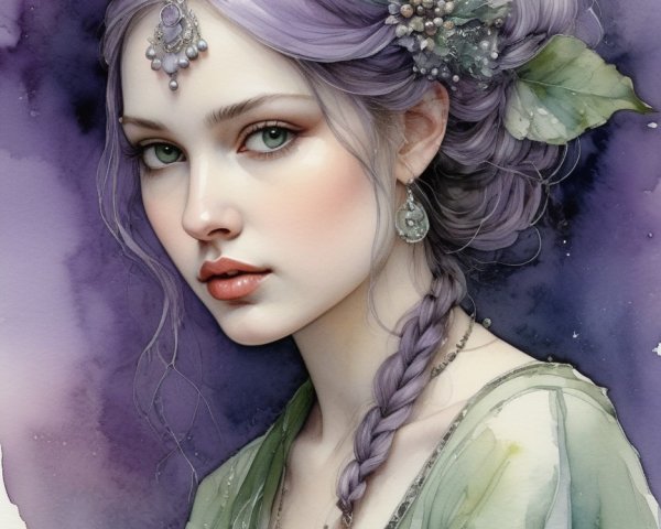 Portrait of a Young Woman with Lavender Hair and Dress