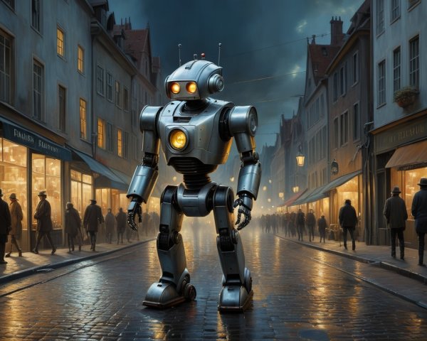 Giant Metallic Robot in Cobblestone Street Scene