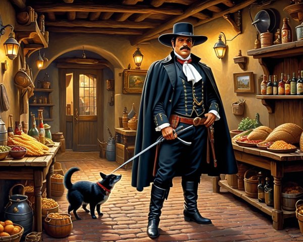 Rustic marketplace with cloaked figure and dog