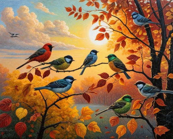 Colorful Birds on Tree with Autumn Sunset Background