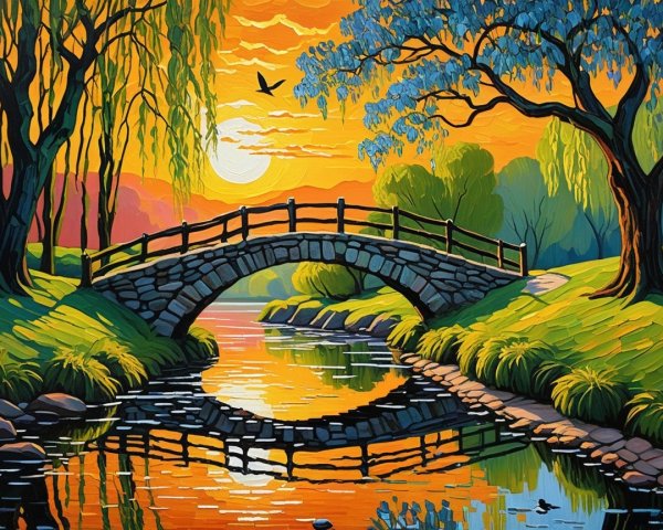 Vibrant Sunset Over Tranquil Landscape with Bridge