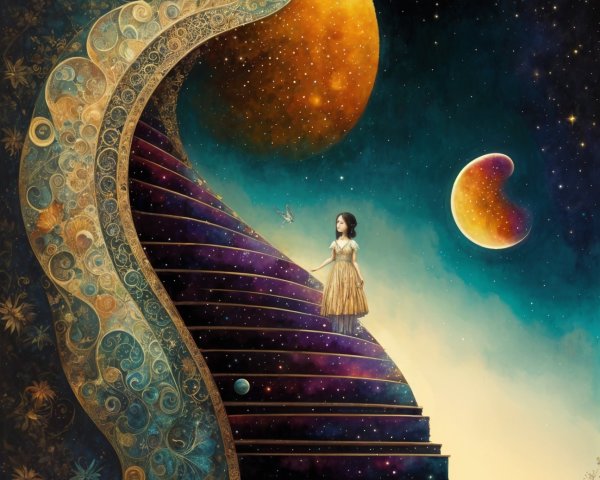 Young girl in golden dress on cosmic staircase