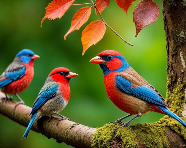Colorful Birds on Mossy Branch with Bokeh Background
