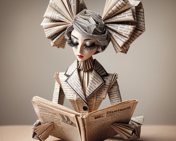 Whimsical Paper Art Figure of Stylish Woman Reading