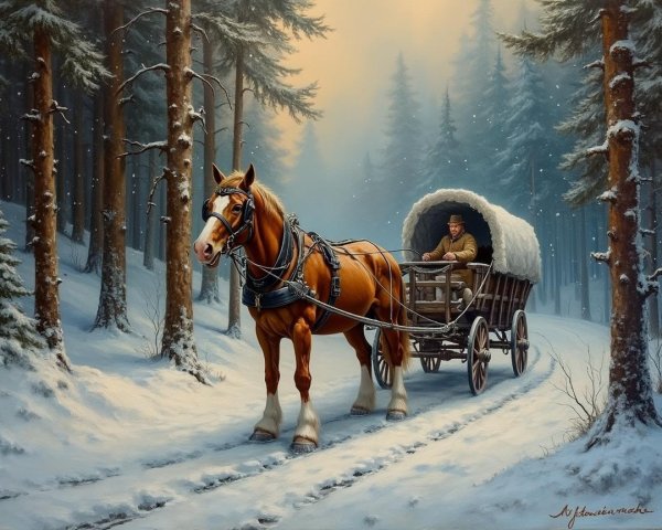 Winter Scene with Horse-Drawn Cart in Snowy Forest