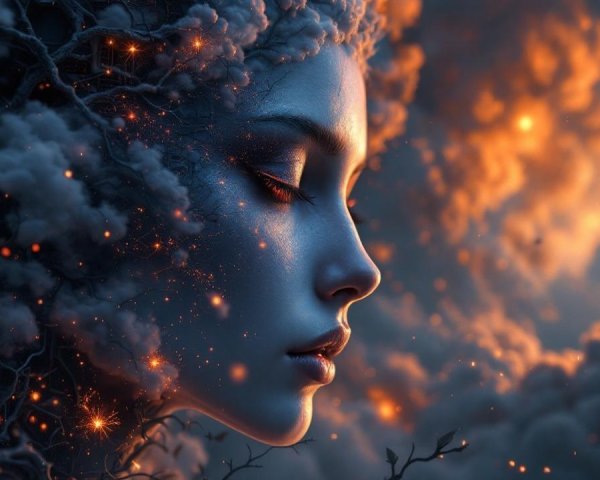 Serene Woman Profile Surrounded by Ethereal Clouds