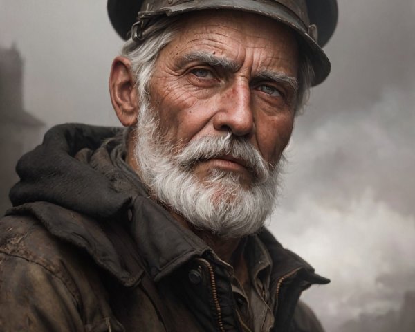 Weathered Man with Blue Eyes and White Beard in Jacket