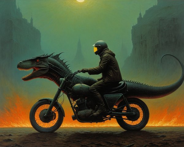 Digital Artwork of Biker on Mechanical Dinosaur Motorcycle