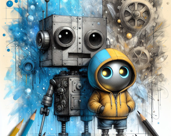 Whimsical Robot and Character in Vibrant Scene