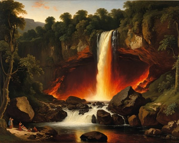 Majestic Waterfall Landscape Painting with Lush Greenery