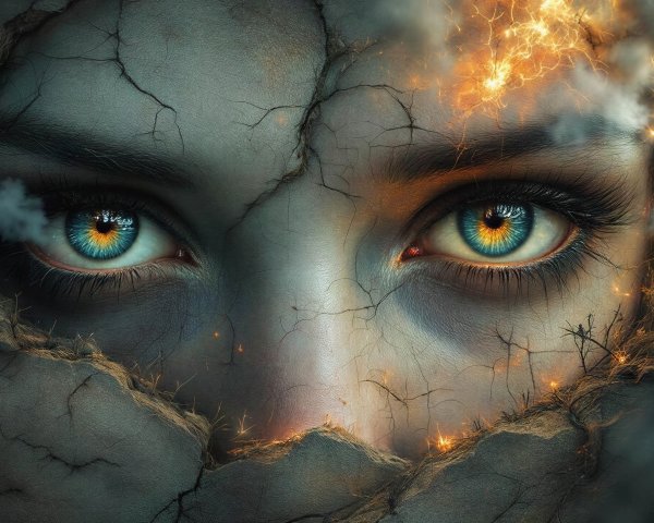 Surreal close-up of a woman's cracked, textured face