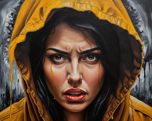 Young Woman in Yellow Raincoat with Moody Background