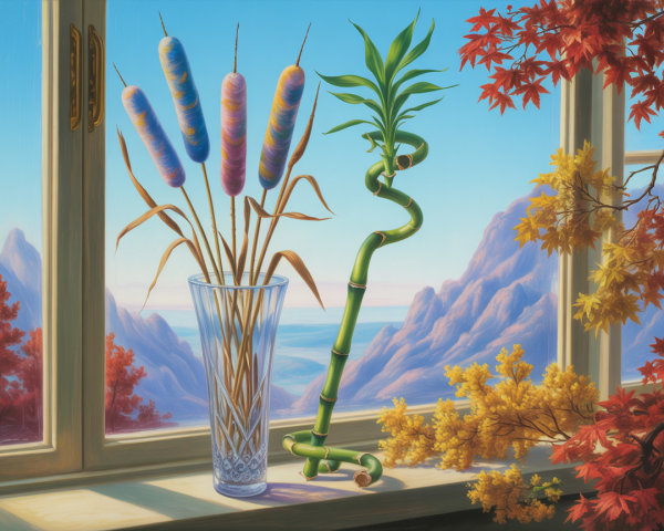 Vibrant Landscape View with Cattails and Bamboo