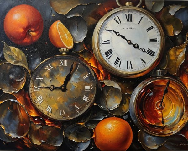 Still-life oil painting of pocket watches and fruits
